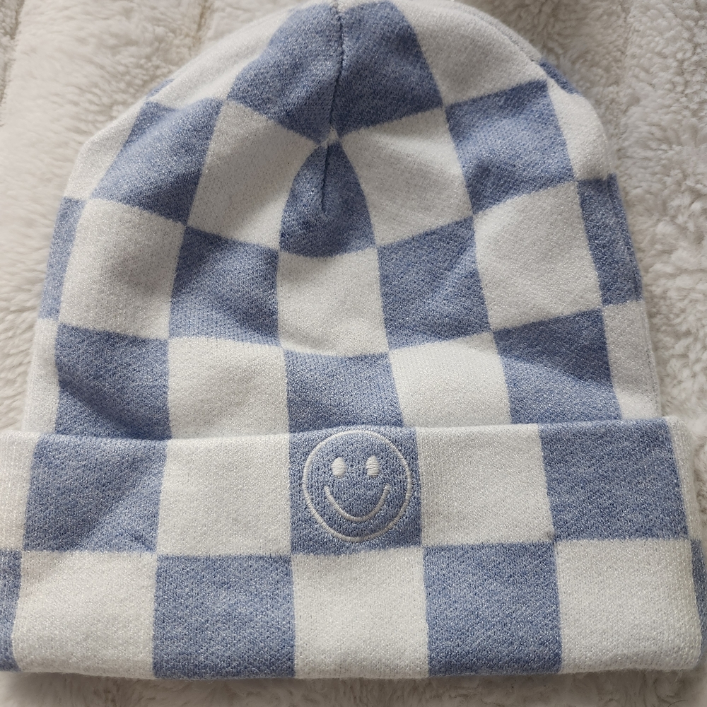 Blue & White Checkered Kids Beanie Hat with Embroidered Smile